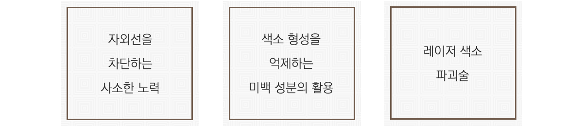 자외선을 차단하려는 사소한 노력. 색소 형성을 억제하는 미백 성분의 활용. 레이저 색소 파괴술.