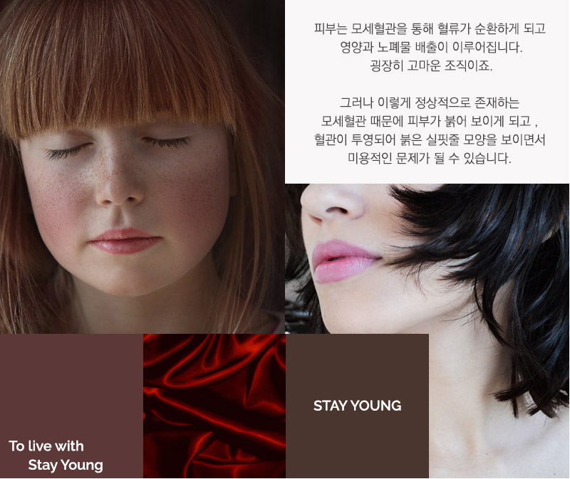 피부는 모세혈관을 통해 혈류가 순환하게 되고 영양과 노폐물 배풀이 이루어집니다. 굉장히 고마운 조직이죠. 그러나 이렇게 정상적으로 존재하는 모세혈관때문에 피부가 붉어보이게 되고 혈관이 투영되어 붉은 실핏줄 모양을 보이면서 미용적인 문제가 될 수 있습니다.